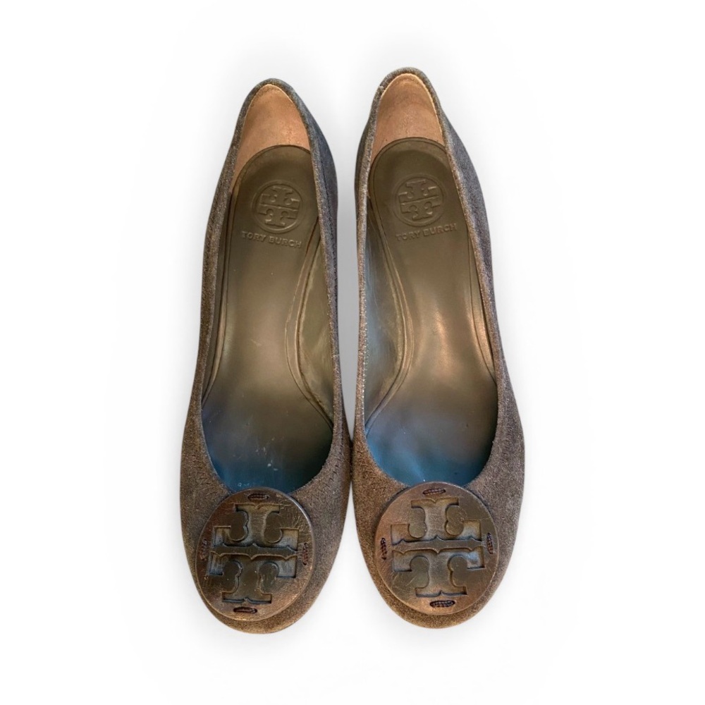Tory Burch Brown Suede Logo Round-Toe Wedges